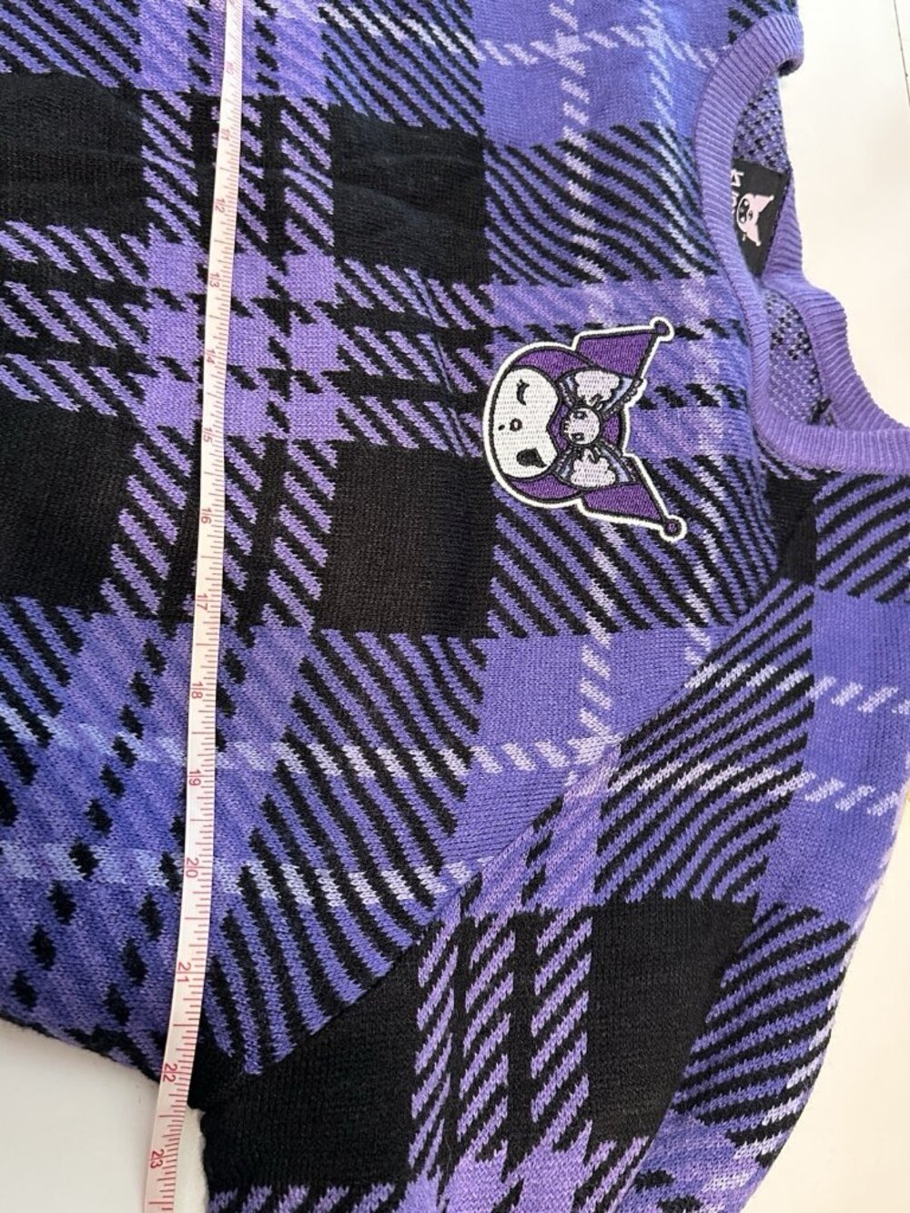 Sanrio Kuromi Hello Kitty Women Lg Knit Plaid Sweater Purple Stretch - Picture 7 of 7